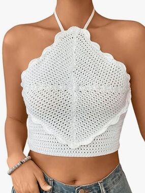 White Crochet Halter Scalloped Festival Crop Top NWOT